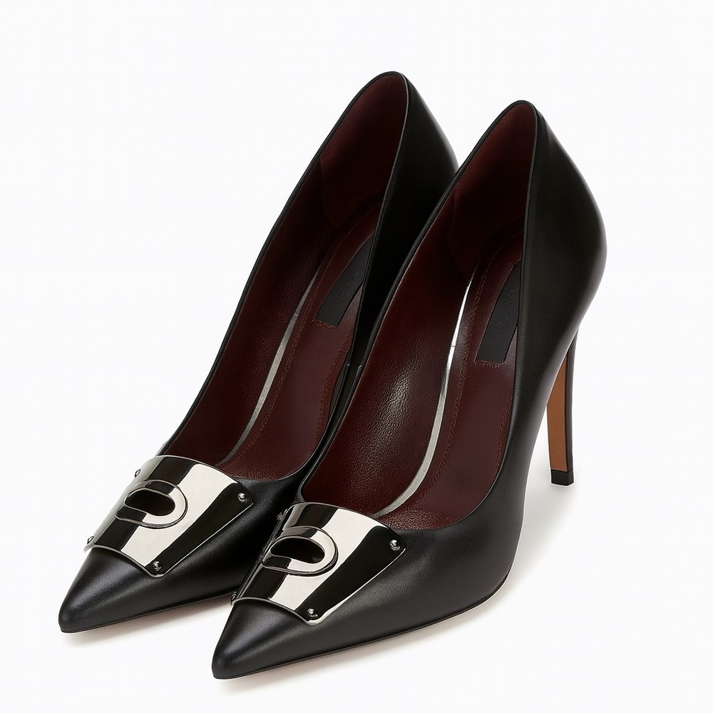 Coach Black Leather Heels with Silver Accent